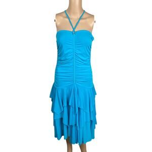 Vtg Y2K Moda International Sky Blue Fairy Mesh Tiered Midi Halter Dress SZ M